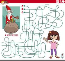 doolhofspel met cartoon kerstman met zak geschenken en meisje vector