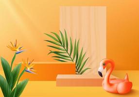 3D-oranje flamingo render voor tropische zomer. achtergrond product display podium scène met vakantie tropisch platform. zomer achtergrond vector 3d met podium. staan voor weergave van cosmetische producten