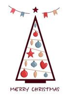 minimalistisch versierde kerstboom met ster, decoratieballen en slinger. prettige kerstdagen en een gelukkig nieuwjaarsconcept. vectorillustratie in trendy vlakke stijl voor wenskaart, spandoek, poster vector