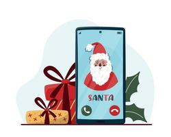 santa telefoontje concept met mobiele telefoon en geschenkdozen vector