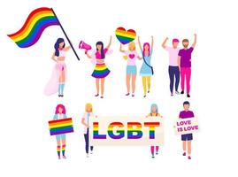 lgbt-leden platte tekens instellen. trotsparade, maart-deelnemers met regenboogvlaggen geïsoleerde cartoonillustraties. homoseksuele stellen, homoseksuele leden van de gemeenschap die protesteren, vechten voor gelijke rechten vector