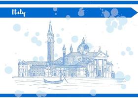 blauwe schets italië venetië kade in de buurt van de rivier oude huizen en gond vector