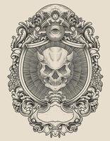 illustratie demon schedel met gravure ornament stijl vector