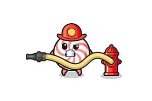 swirl lolly cartoon als brandweerman mascotte met waterslang vector