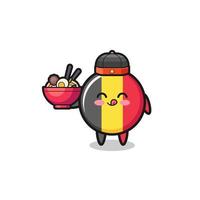 belgische vlag als chinese chef-kokmascotte die een noedelkom vasthoudt vector