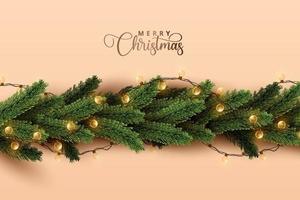 glanzende kerstverlichting verpakt in realistische dennenboombladeren op zacht oranje achtergrond. vrolijk kerstconceptontwerp. vector