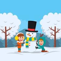 twee gelukkige kinderen die een sneeuwpop maken vector
