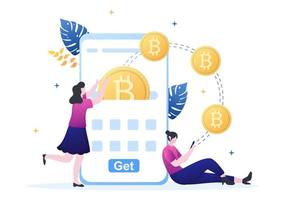 cryptocurrency portemonnee-app op mobiel van blockchain-technologie, bitcoin, geldmarkt, altcoins of financiële uitwisseling met creditcard in platte vectorillustratie
