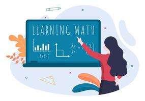 leren wiskunde van onderwijs en kennis achtergrond cartoon vectorillustratie. wetenschap, technologie, techniek, formule of elementaire wiskunde vector