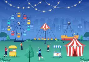 zomerfair met carnaval, circus, kermis of attractiepark. landschap van carrousels, achtbaan, luchtballon en speeltuin vectorillustratie vector