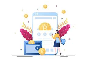 cryptocurrency portemonnee-app op mobiel van blockchain-technologie, bitcoin, geldmarkt, altcoins of financiële uitwisseling met creditcard in platte vectorillustratie vector