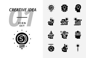 Icon pack voor creatief idee, geld, brainstorm, idee, creatief, ecologie, geld, handelspapier, piloot, ballon, raket, boek, onderwijs. vector