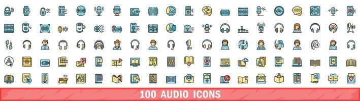 100 audio pictogrammen set, kleur lijn stijl vector