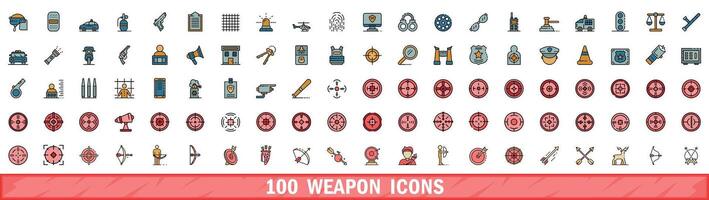 100 wapen pictogrammen set, kleur lijn stijl vector