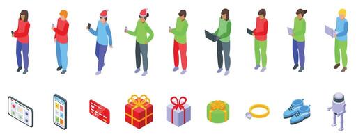 bestellen Kerstmis cadeaus online pictogrammen reeks isometrische vector. de kerstman boodschappen doen vector