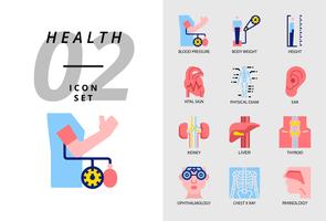 Icon pack voor gezondheid, ziekenhuis, bloeddruk, lichaamsgewicht, lengte, vitaal teken, lichamelijk onderzoek, oor, nier, lever, schildklier, oogarts, thoraxfoto, rinologie. vector