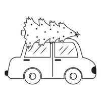 auto met een Kerstmis boom Aan de dak, zwart schets, tekening stijl, geïsoleerd Aan een wit achtergrond vector