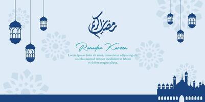 blauw Islamitisch achtergrond met een tekst schoonschrift dat zegt Ramadan kareem vector