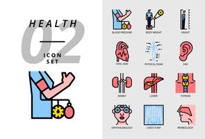 Icon pack voor gezondheid, ziekenhuis, bloeddruk, lichaamsgewicht, lengte, vitaal teken, lichamelijk onderzoek, oor, nier, lever, schildklier, oogarts, thoraxfoto, rinologie.