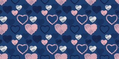 naadloos, gemakkelijk, donker blauw patroon met vector hand- getrokken harten. afdrukken met reeks structuur hart silhouetten. valentijn, liefde achtergrond. sjabloon voor textiel, mode, afdrukken, surfac