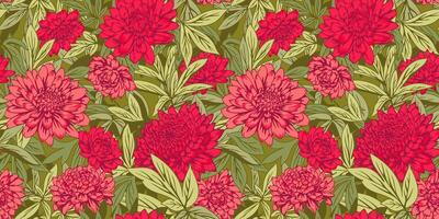 artistiek abstract groen oerwoud en rood zaligmaken bloemen naadloos patroon. zomer overladen achtergrond met bloeiend bloemen dahlia's, pioenrozen, chrysanten, bladeren. vector getrokken illustratie.