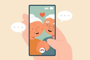 vlak illustratie van wezen Aan een telefoontje met senior ouders, grootouders of ouderen door smartphone vector