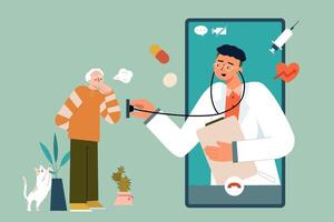 vlak illustratie van dokter onderzoeken medisch staat van ouderen mannetje geduldig via video telefoongesprek. concept van telegeneeskunde leveren zorg Bij een afstand vector