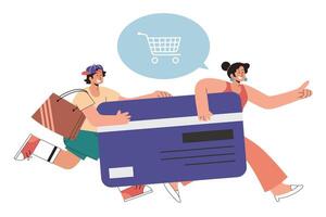 online betaling met een credit kaart in vlak stijl illustratie. een Mens en vrouw rennen Holding een credit kaart, haast naar betalen hun boodschappen doen Bill vector