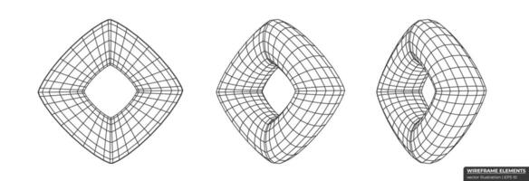 verzameling van lowpoly 3d veelhoekige vormen. abstract 3d torus draadframe. rooster geometrie vector illustratie