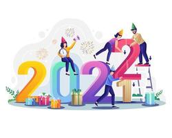 mensen vieren nieuwjaar 2022. kleine mensen veranderen getallenconcept. karakters met geschenkdozen en vuurwerk. platte vectorillustratie vector