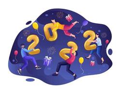vier oudejaarsavond 2022. mensen zweven met elk nummer. mensen met ballonnen, geschenkdozen en vuurwerk. platte vectorillustratie vector