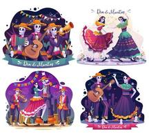 set bundel dia de muertos met een paar schedels die samen dansen op muziek en skeletten die muzikanten vieren van dia de los muertos. platte vectorillustratie vector