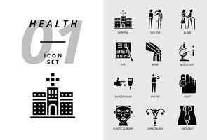 Icon pack voor gezondheid, ziekenhuis, dokter, ouderling, oog, bot, bloedonderzoek, bloedsuikerspiegel, ipid-vet, jicht, plastische chirurgie, gynaecologie, urologie. vector