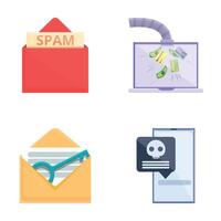 cyber misdrijf pictogrammen reeks tekenfilm vector. e-mail virus mobiel spam en cyber aanval vector