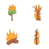 brandend boom pictogrammen reeks tekenfilm vector. brandend boom en vreugdevuur vector