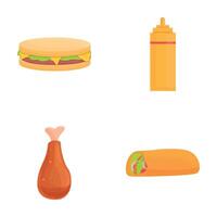 snel voedsel pictogrammen reeks tekenfilm vector. gebakken kip belegd broodje burrito en mosterd vector