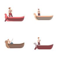 Venetië gondel pictogrammen reeks tekenfilm vector. Italiaans boot met gondelier vector