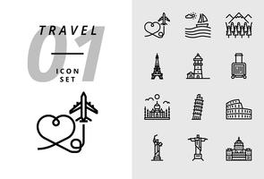 Pack pictogram voor reizen, vliegtuig, landschap, bos, Parijs toren, vuurtoren, trolley tas, Taj Mahal, Pisa toren, Colosseum, standbeeld van Verenigde Staten, deja neiro, kapitaal gebruik. vector