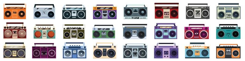 boombox pictogrammen reeks tekenfilm vector. muziek- speler cassette vector