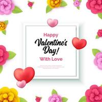 Valentijnsdag spandoek. romantisch ontwerp met realistische harten en papier snijbloemen op witte achtergrond. vector