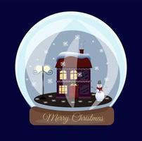 vrolijke kerst sneeuwbol met een klein huis, sneeuwpop en straatlantaarn. sneeuwval. vector illustratie