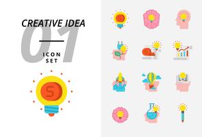 Icon pack voor creatief idee, geld, brainstorm, idee, creatief, ecologie, geld, handelspapier, piloot, ballon, raket, boek, onderwijs. vector