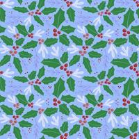 vector naadloze kerst patroon. hand hulstbessen, groene bladeren, violette takken, bevroren bladeren en bessen tekenen op blauwe achtergrond voor inpakpapier, behang, ansichtkaarten, textiel, stof.