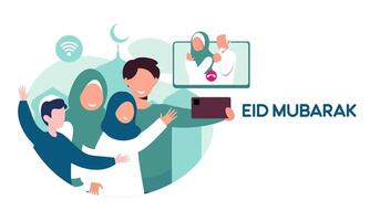 moslim familie contact hun ouderling of ouders in smartphone video telefoontje naar tonen hun liefde in eid mubarak viering vector