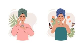 Dames genieten huid zorg routine- Bij huis illustratie vector