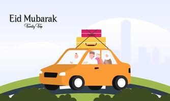 moslim familie in auto reis naar geboorteplaats gedurende eid mubarak viering vector