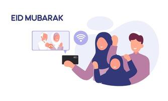 moslim familie contact hun ouderling of ouders in smartphone video telefoontje naar tonen hun liefde in eid mubarak viering vector