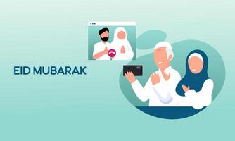 moslim familie contact hun ouderling of ouders in smartphone video telefoontje naar tonen hun liefde in eid mubarak viering vector