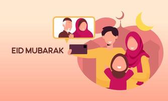 moslim familie contact hun ouderling of ouders in smartphone video telefoontje naar tonen hun liefde in eid mubarak viering vector