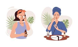 Dames genieten huid zorg routine- Bij huis illustratie vector